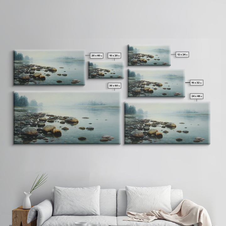 River Stones under Clear Shallow Water Framed Canvas Print, Nature Art, Living Room Decor, Watercolor Art, Nature, NAT-2x1-81
