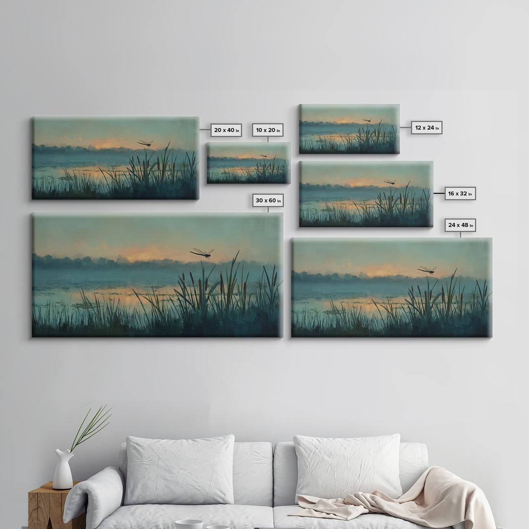 Dragonfly over a Pond with Reeds Framed Canvas Print, Nature Art, Home Decor, Living Room Decor, Nature, Abstract Wall Art, NAT-2x1-86