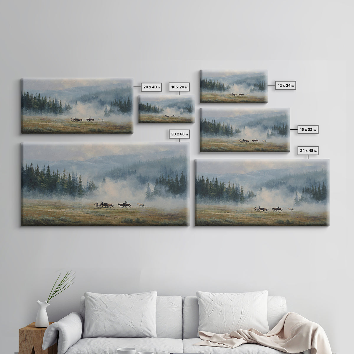Wild Horses Running Near Mountain Ridge Framed Canvas Print, Nature Art, Poster, Living Room Decor, Fine Art, Nature, NAT-2x1-90