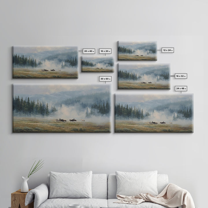 Wild Horses Running Near Mountain Ridge Framed Canvas Print, Nature Art, Poster, Living Room Decor, Fine Art, Nature, NAT-2x1-90