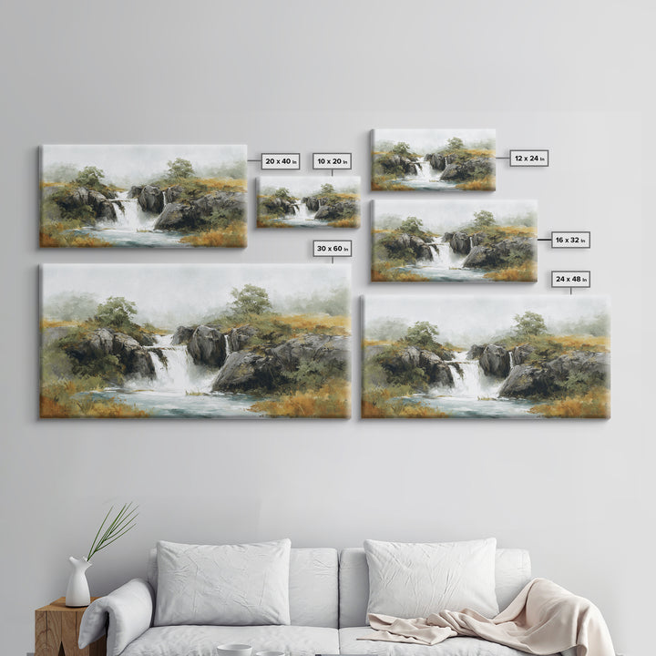 Waterfall Hidden Among Dark Green Rocks Framed Canvas Print, Nature Art, Landscape Print, Living Room Decor, Fine Art, Nature, NAT-2x1-95