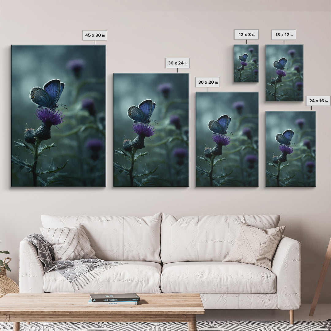 Butterfly Resting on a Blooming Thistle Framed Canvas Print, Nature Art, Minimalist Decor, Living Room Decor, Oil Painting, NAT-2x3-12