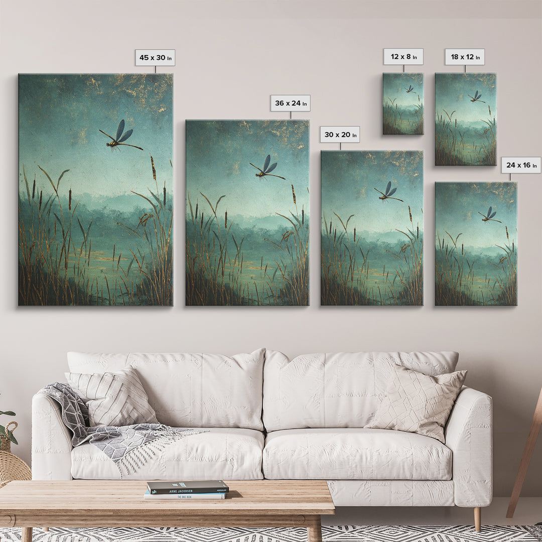 Dragonfly over a Pond with Reeds Framed Canvas Print, Nature Art, Boho Decor, Living Room Decor, Abstract Art, Nature, NAT-2x3-2