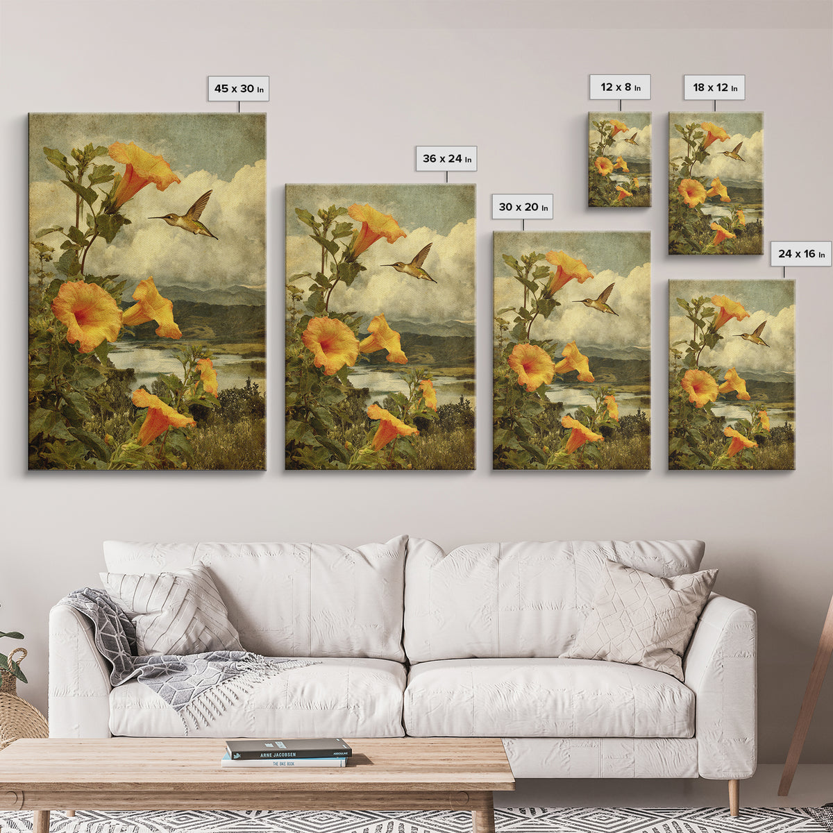 Hummingbird Beside Bright Trumpet Flowers Framed Canvas Print, Nature Art, Mushroom, Living Room Decor, Watercolor Art, Nature, NAT-2x3-20