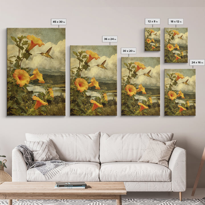 Hummingbird Beside Bright Trumpet Flowers Framed Canvas Print, Nature Art, Mushroom, Living Room Decor, Watercolor Art, Nature, NAT-2x3-20