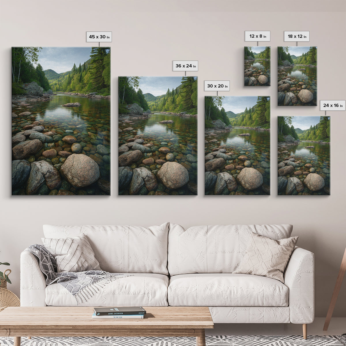 River Stones under Clear Shallow Water Framed Canvas Print, Nature Art, Living Room Decor, Oil Painting, Nature, NAT-2x3-21