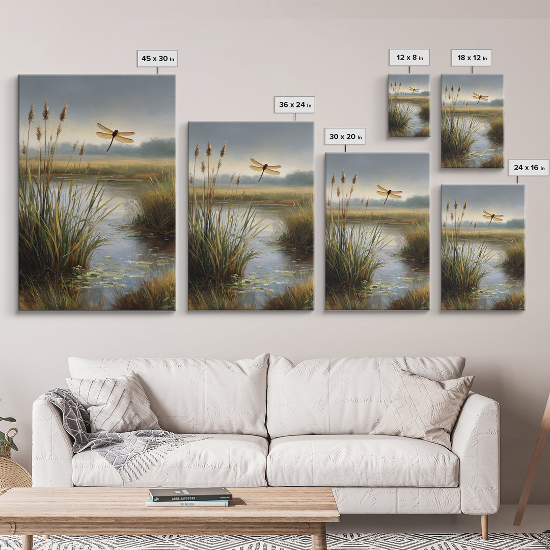 Dragonfly over a Pond with Reeds Framed Canvas Print, Nature Art, Boho Decor, Living Room Decor, Abstract Art, Nature, NAT-2x3-26