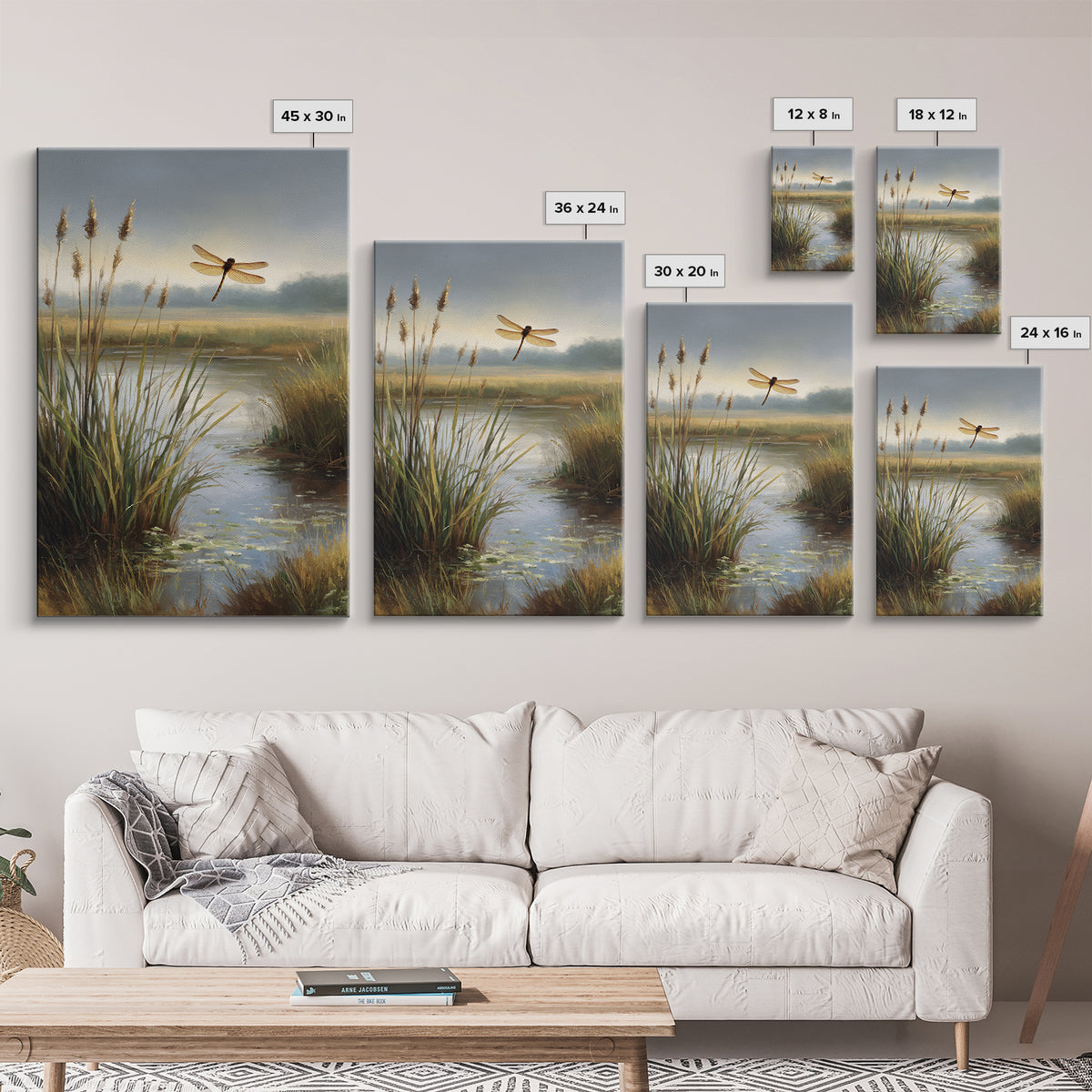 Dragonfly over a Pond with Reeds Framed Canvas Print, Nature Art, Boho Decor, Living Room Decor, Abstract Art, Nature, NAT-2x3-26