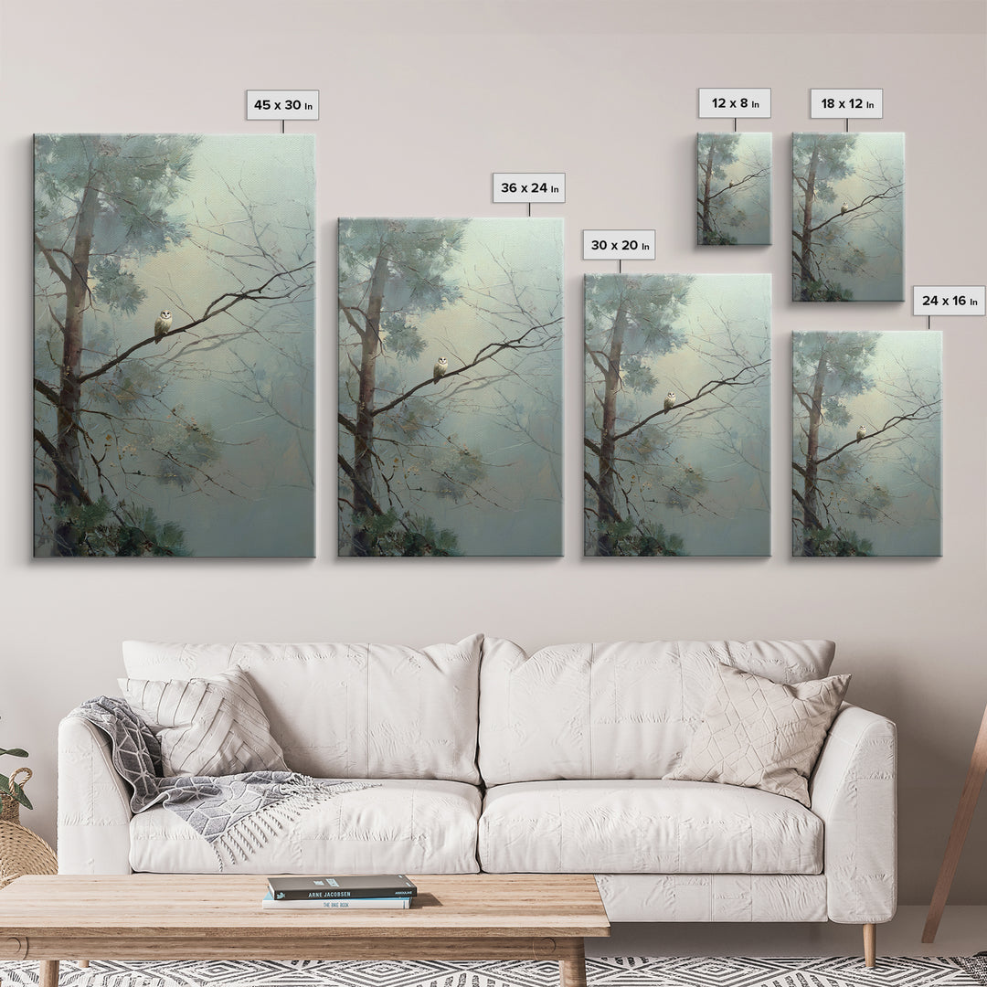 Owl in Moonlit Branches Framed Canvas Print, Nature Art, Nature Wall Art, Living Room Decor, Watercolor Art, Nature, NAT-2x3-3