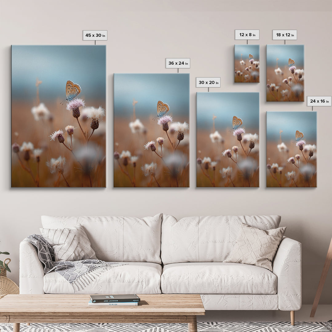 Butterfly Resting on a Blooming Thistle Framed Canvas Print, Nature Art, Mountain Wall Art, Living Room Decor, Watercolor Art, NAT-2x3-36