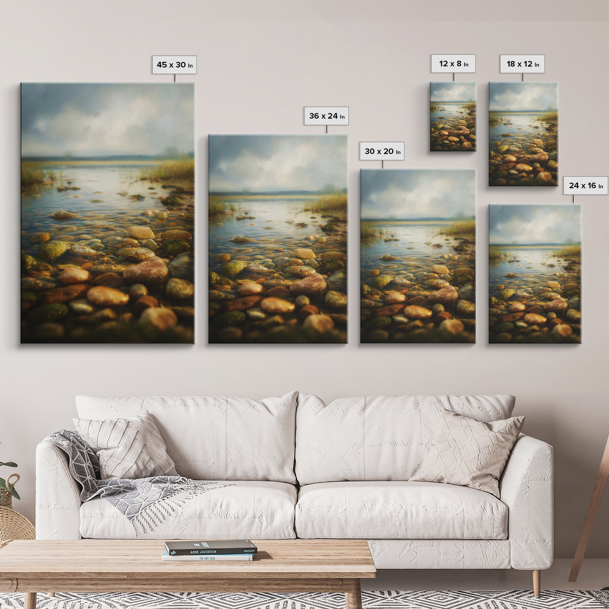 River Stones under Clear Shallow Water Canvas Print, Nature Art, Painting, Living Room Decor, Fine Art, Nature, Modern Wall Art, NAT-2x3-45