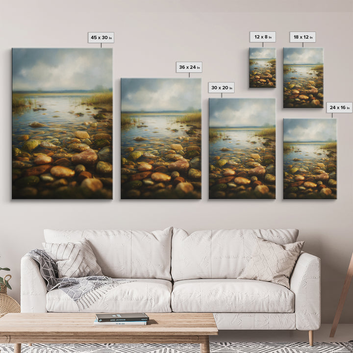 River Stones under Clear Shallow Water Canvas Print, Nature Art, Painting, Living Room Decor, Fine Art, Nature, Modern Wall Art, NAT-2x3-45