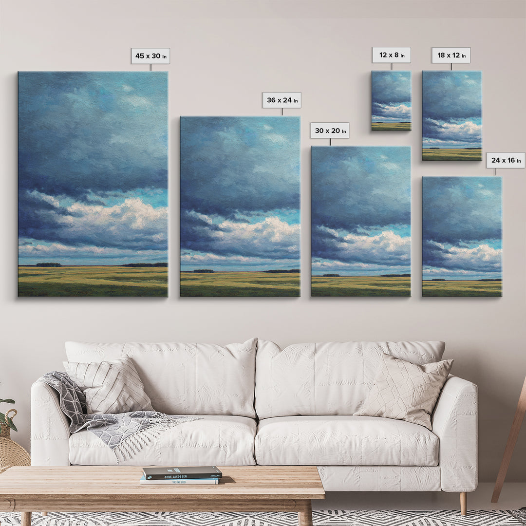 Storm Clouds over a Rolling Prairie Framed Canvas Print, Nature Art, Textured Painting, Living Room Decor, Fine Art, Nature, NAT-2x3-46