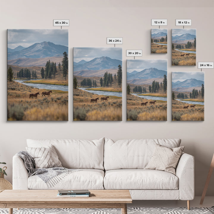 Wild Horses Running Near Mountain Ridge Canvas Print, Nature Art, Minimalist Decor, Living Room Decor, Fine Art, Nature, NAT-2x3-54