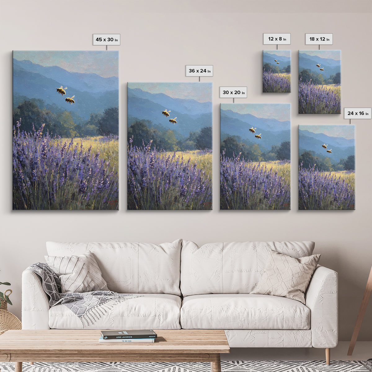 Bees Circling Lavender Blossoms Framed Canvas Print, Nature Art, Textured Painting, Living Room Decor, Fine Art, Nature, NAT-2x3-55