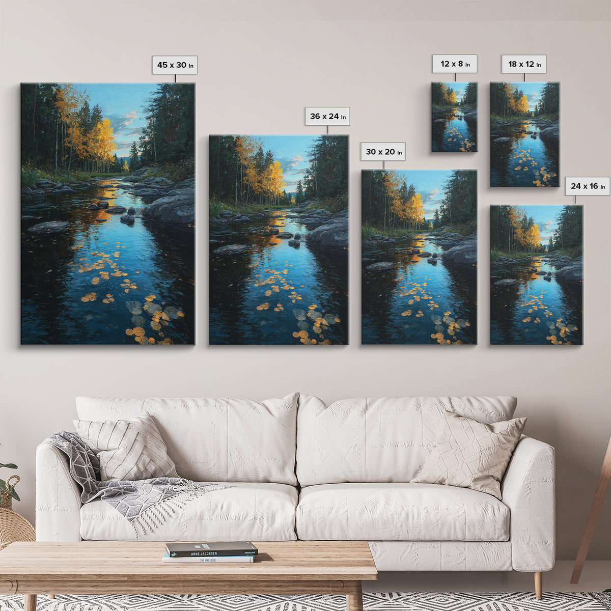 Autumn Leaves Floating on Quiet Stream Canvas Print, Nature Art, Mushroom, Living Room Decor, Abstract Art, Nature, NAT-2x3-62