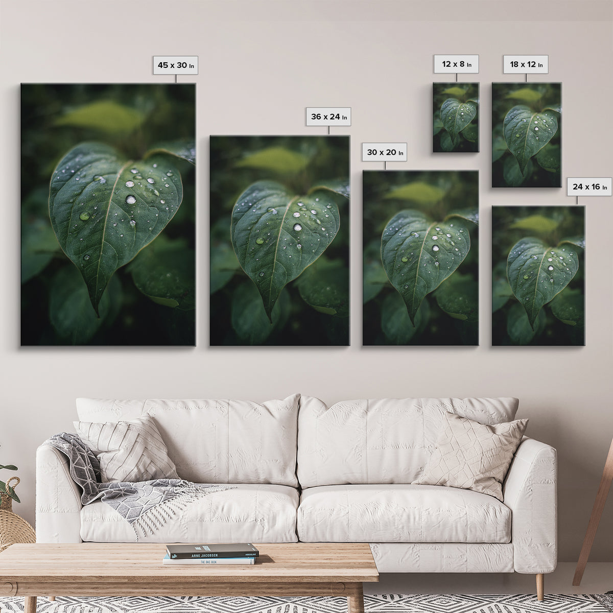 Rain Drops on a Large Green Leaf Canvas Print, Nature Art, Floral, Living Room Decor, Oil Painting, Nature, Moss Art, NAT-2x3-65