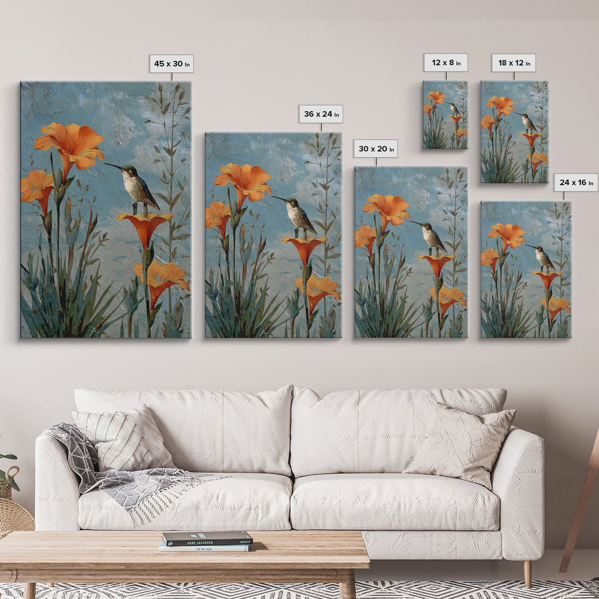 Hummingbird Beside Bright Trumpet Flowers Framed Canvas Print, Nature Art, Wall Hangings, Living Room Decor, Oil Painting, NAT-2x3-68