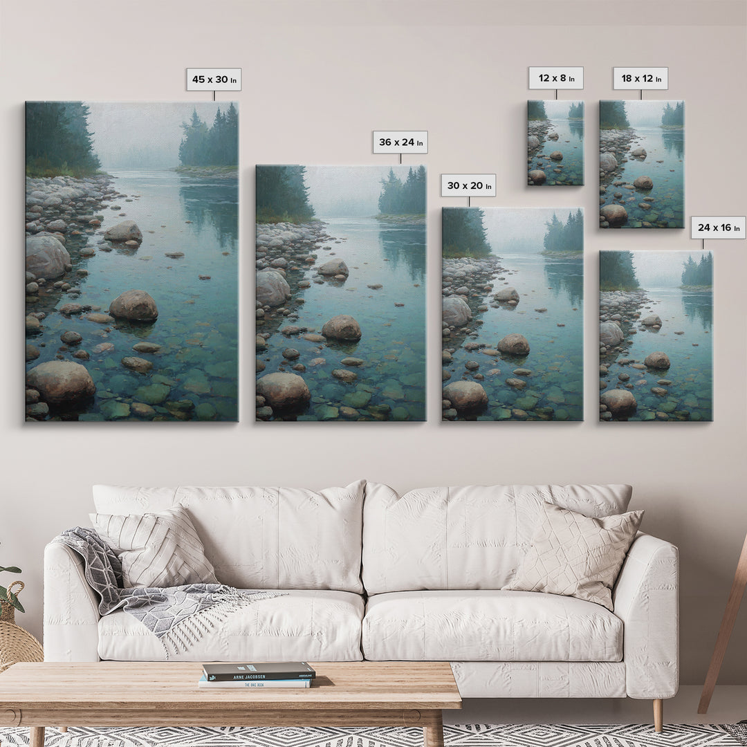 River Stones under Clear Shallow Water Framed Canvas Print, Nature Art, Artwork, Living Room Decor, Fine Art, Nature, NAT-2x3-69