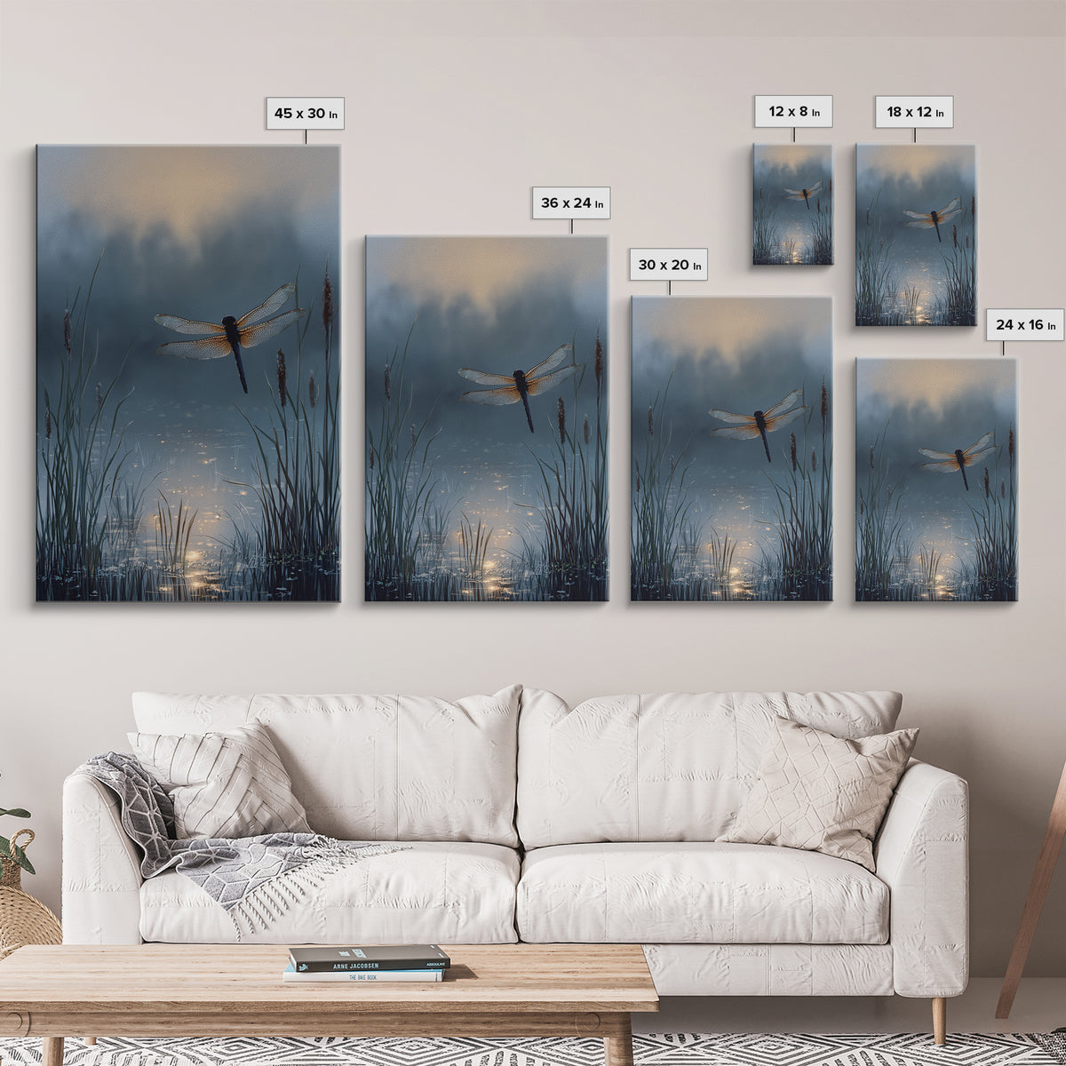 Dragonfly over a Pond with Reeds Framed Canvas Print, Nature Art, Art, Living Room Decor, Watercolor Art, Nature, 3d Wall Art, NAT-2x3-74