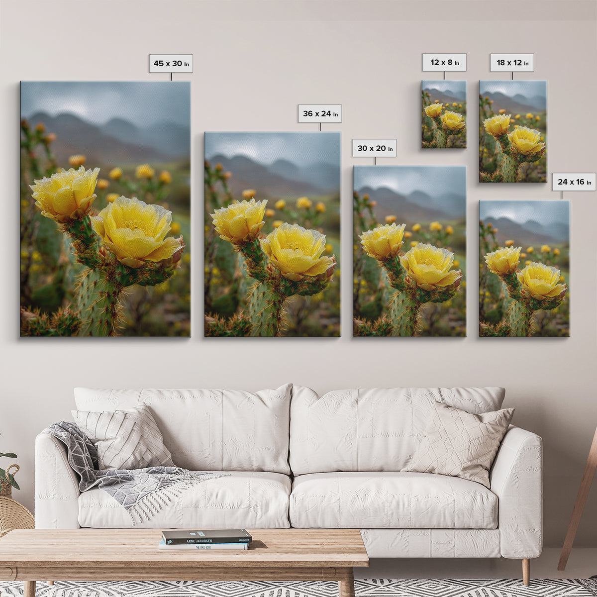 Desert Cactus Blooming After Rain Framed Canvas Print, Nature Art, 3d Wall Art, Living Room Decor, Watercolor Art, Nature, NAT-2x3-76
