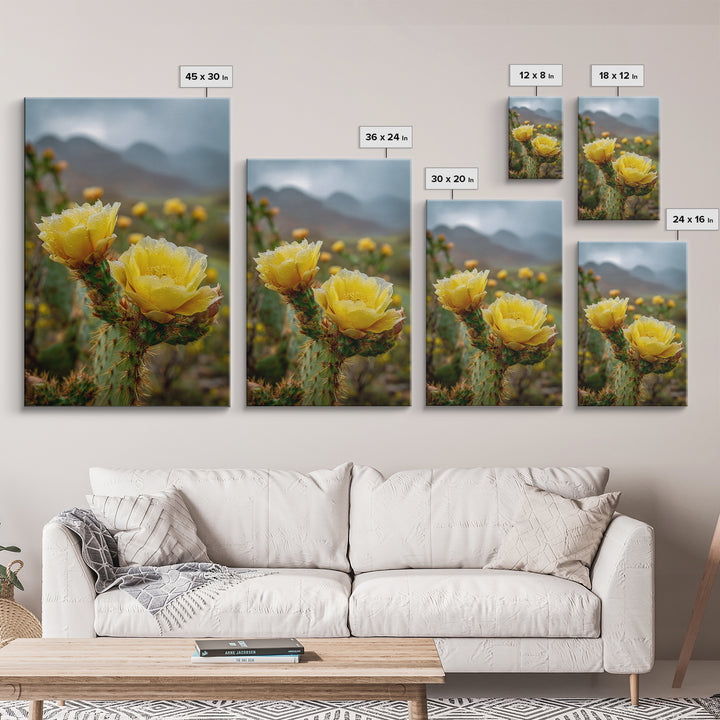 Desert Cactus Blooming After Rain Framed Canvas Print, Nature Art, 3d Wall Art, Living Room Decor, Watercolor Art, Nature, NAT-2x3-76