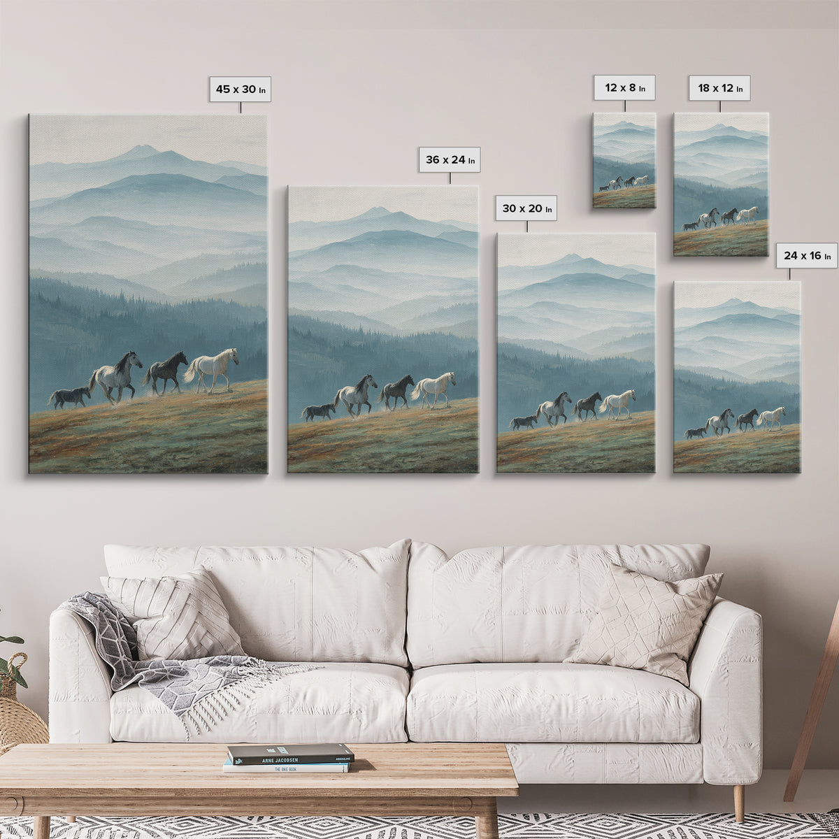 Wild Horses Running Near Mountain Ridge Framed Canvas Print, Nature Art, Wall Decor, Living Room Decor, Fine Art, Nature, NAT-2x3-78