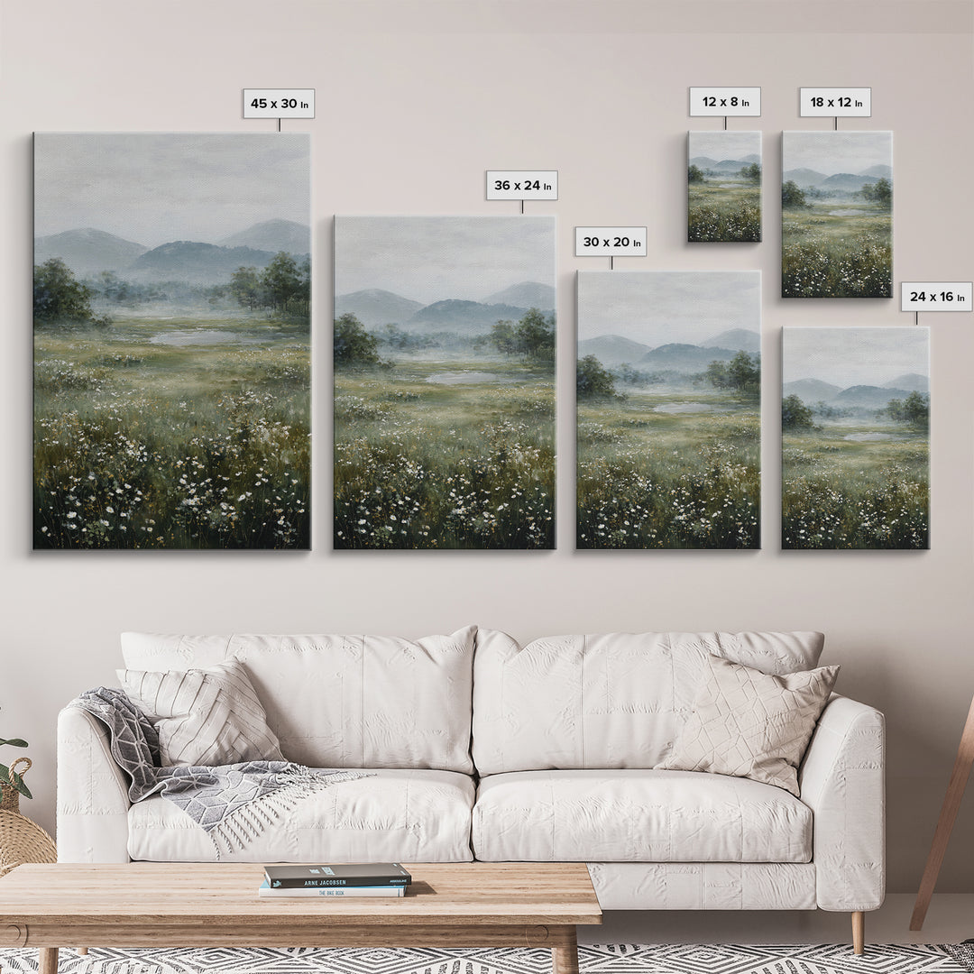 Wildflower Meadow under Soft Summer Sky Canvas Print, Nature Art, Painting, Living Room Decor, Nature, Modern Wall Art, NAT-2x3-82