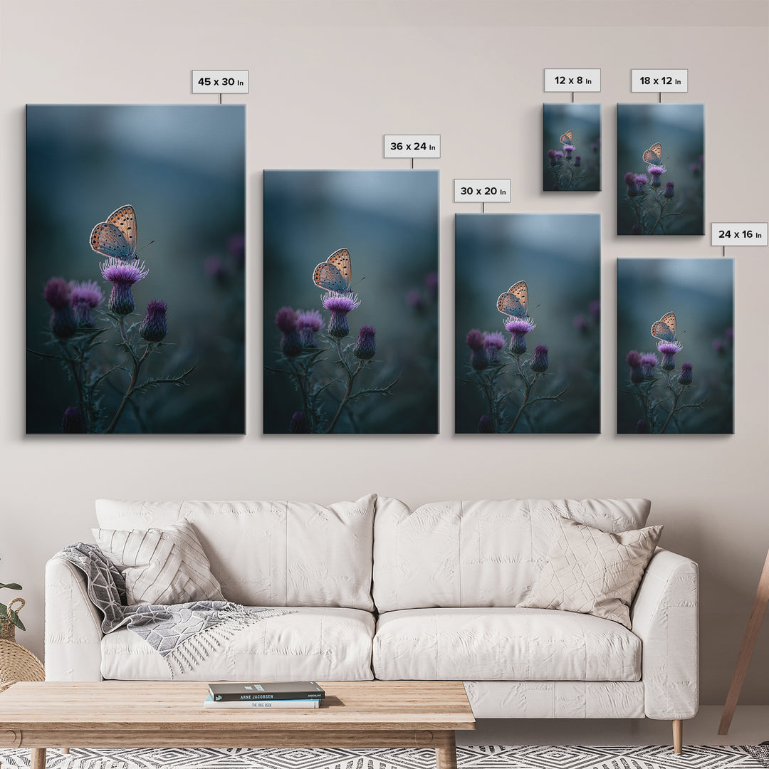 Butterfly Resting on a Blooming Thistle Framed Canvas Print, Nature Art, Landscape Art, Living Room Decor, Fine Art, Nature, NAT-2x3-84