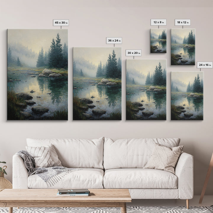 Misty Mountain Lake Framed Canvas Print, Nature Art, Abstract Wall Art, Living Room Decor, Oil Painting, Nature, Bird Wall Art, NAT-2x3-85