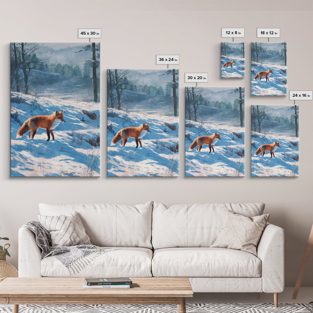 Fox Crossing a Snowy Forest Clearing Framed Canvas Print, Nature Art, Living Room Decor, Oil Painting, Nature, NAT-2x3-90