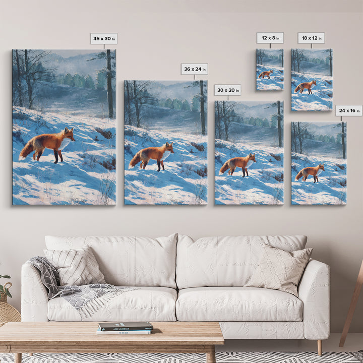 Fox Crossing a Snowy Forest Clearing Framed Canvas Print, Nature Art, Living Room Decor, Oil Painting, Nature, NAT-2x3-90
