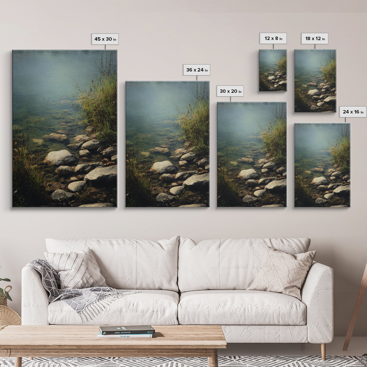 River Stones under Clear Shallow Water Framed Canvas Print, Nature Art, Artwork, Living Room Decor, Fine Art, Nature, NAT-2x3-93