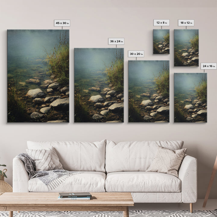 River Stones under Clear Shallow Water Framed Canvas Print, Nature Art, Artwork, Living Room Decor, Fine Art, Nature, NAT-2x3-93