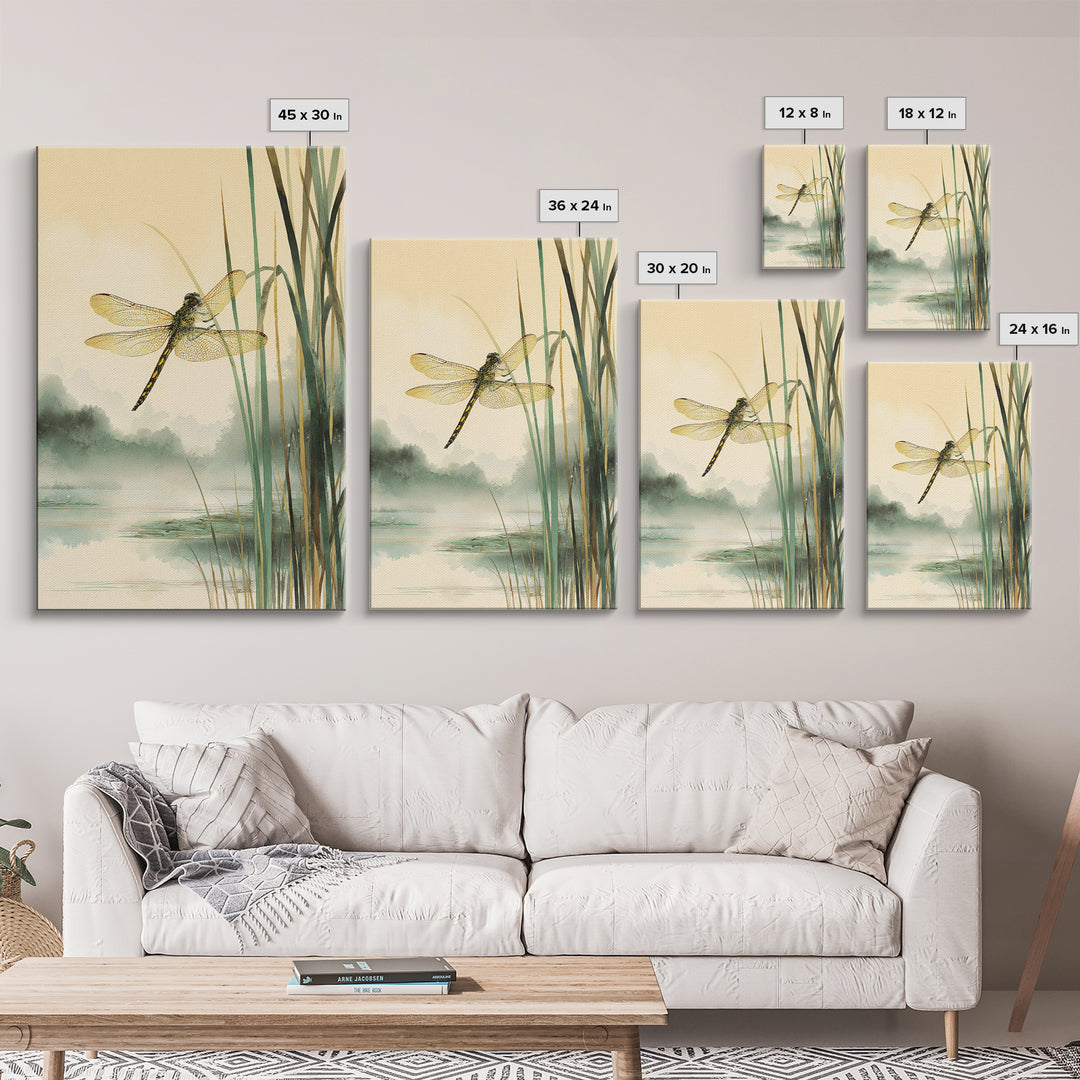 Dragonfly over a Pond with Reeds Framed Canvas Print, Nature Art, Art, Living Room Decor, Watercolor Art, Nature, 3d Wall Art, NAT-2x3-98