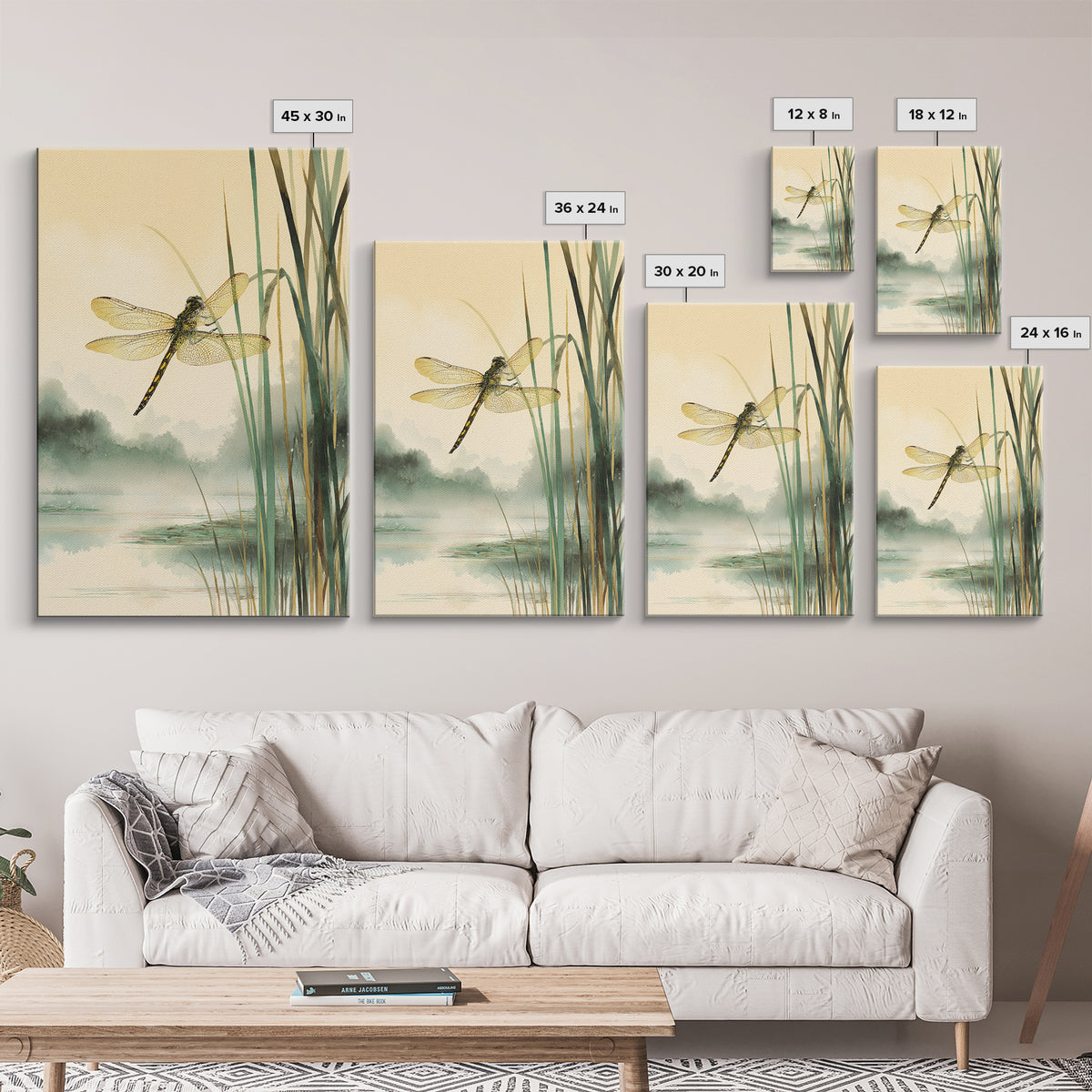 Dragonfly over a Pond with Reeds Framed Canvas Print, Nature Art, Art, Living Room Decor, Watercolor Art, Nature, 3d Wall Art, NAT-2x3-98