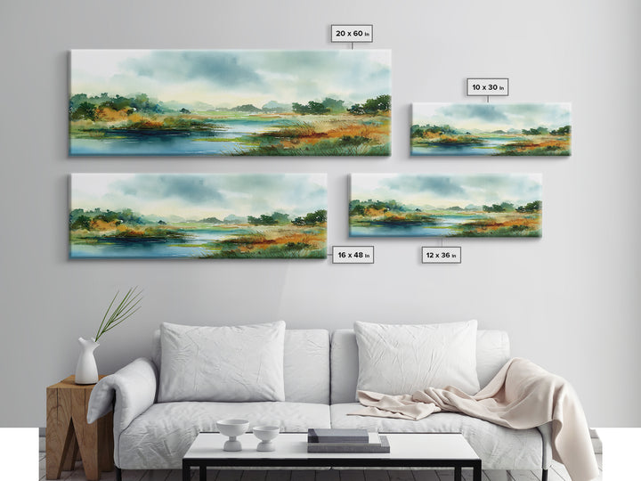 Dragonfly over a Pond with Reeds Framed Canvas Print, Nature Art, Home Decor, Living Room Decor, Nature, Abstract Wall Art, NAT-3x1-10