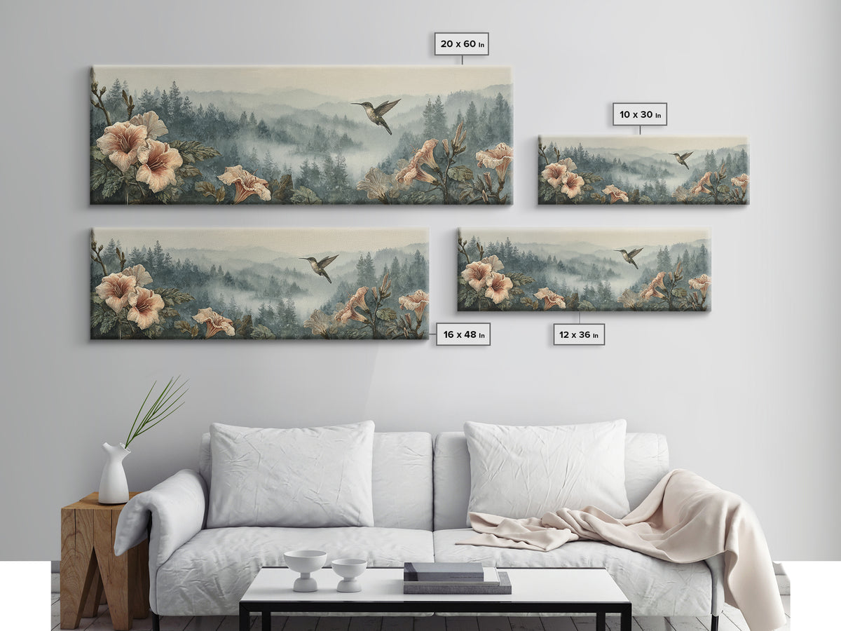 Hummingbird Beside Bright Trumpet Flowers Canvas Print, Nature Art, Modern Decor, Living Room Decor, Fine Art, Nature, NAT-3x1-100