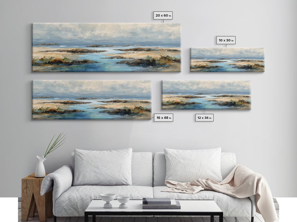 Calm Beach Tide Pooling Around Rocks Canvas Print, Nature Art, Living Room Wall Art, Living Room Decor, Fine Art, Nature, NAT-3x1-16