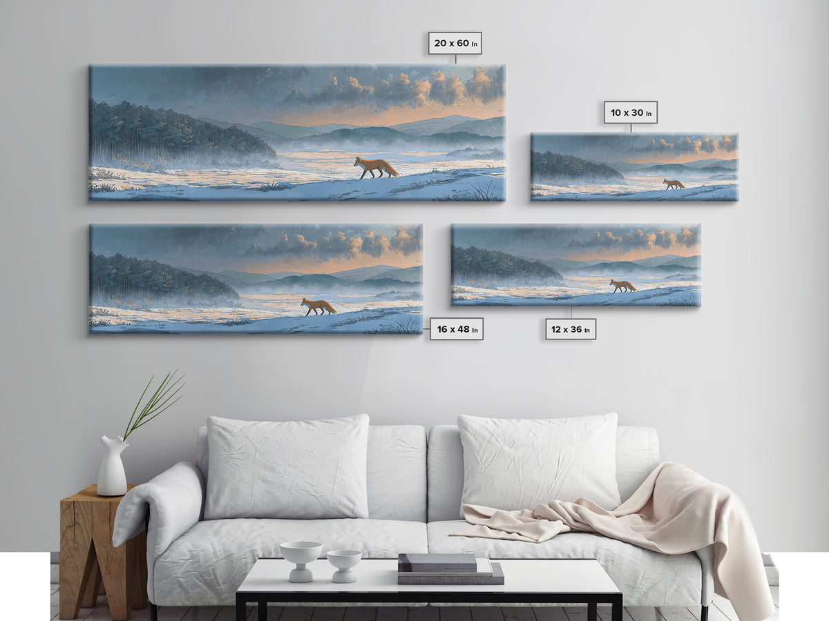 Fox Crossing a Snowy Forest Clearing Framed Canvas Print, Nature Art, Painting, Living Room Decor, Nature, Modern Wall Art, NAT-3x1-2