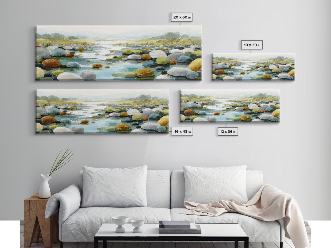 River Stones under Clear Shallow Water Canvas Print, Nature Art, Abstract Wall Art, Living Room Decor, Oil Painting, Nature, NAT-3x1-29
