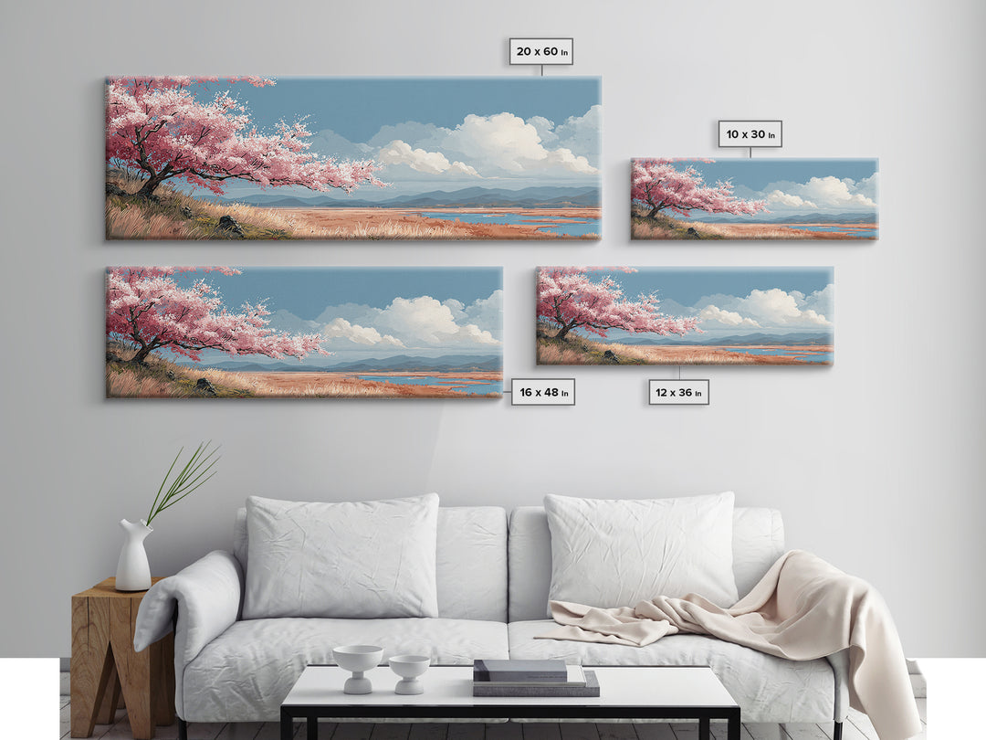 Spring Cherry Blossoms Framed Canvas Print, Nature Art, Landscape Print, Living Room Decor, Watercolor Art, Nature, NAT-3x1-32