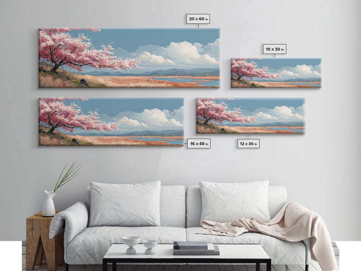 Spring Cherry Blossoms Framed Canvas Print, Nature Art, Landscape Print, Living Room Decor, Watercolor Art, Nature, NAT-3x1-32