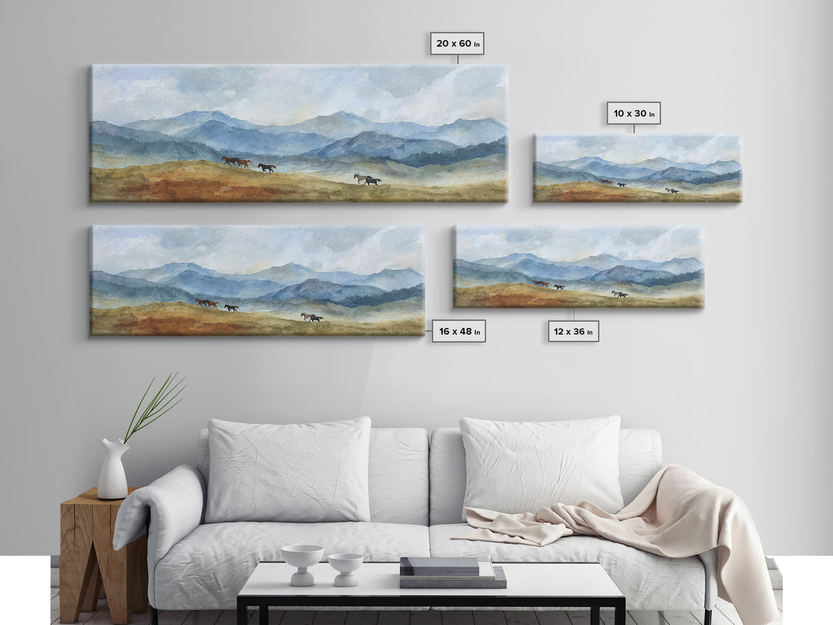 Wild Horses Running Near Mountain Ridge Canvas Print, Nature Art, Wall Hangings, Living Room Decor, Oil Painting, Nature, NAT-3x1-38