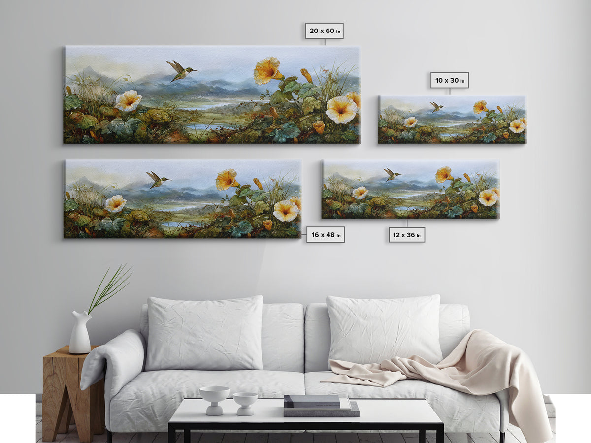 Hummingbird Beside Bright Trumpet Flowers Canvas Print, Nature Art, Moss Art, Living Room Decor, Watercolor Art, Nature, NAT-3x1-4