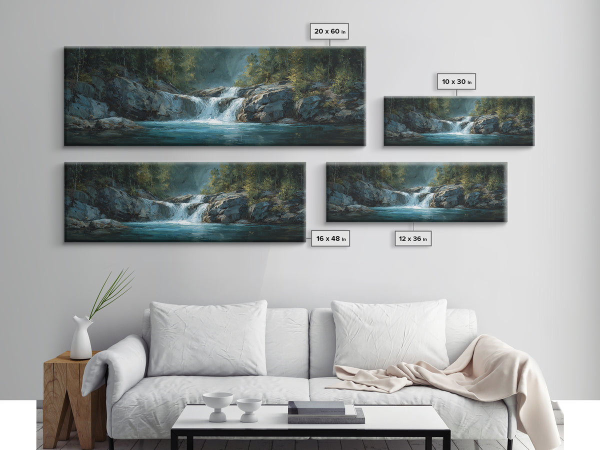 Waterfall Hidden Among Dark Green Rocks Canvas Print, Nature Art, Poster, Living Room Decor, Nature, Abstract Wall Art, NAT-3x1-43