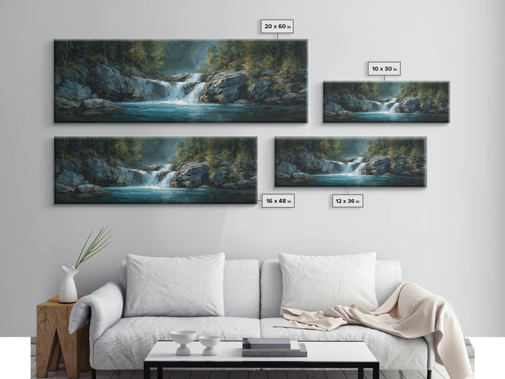 Waterfall Hidden Among Dark Green Rocks Canvas Print, Nature Art, Poster, Living Room Decor, Nature, Abstract Wall Art, NAT-3x1-43