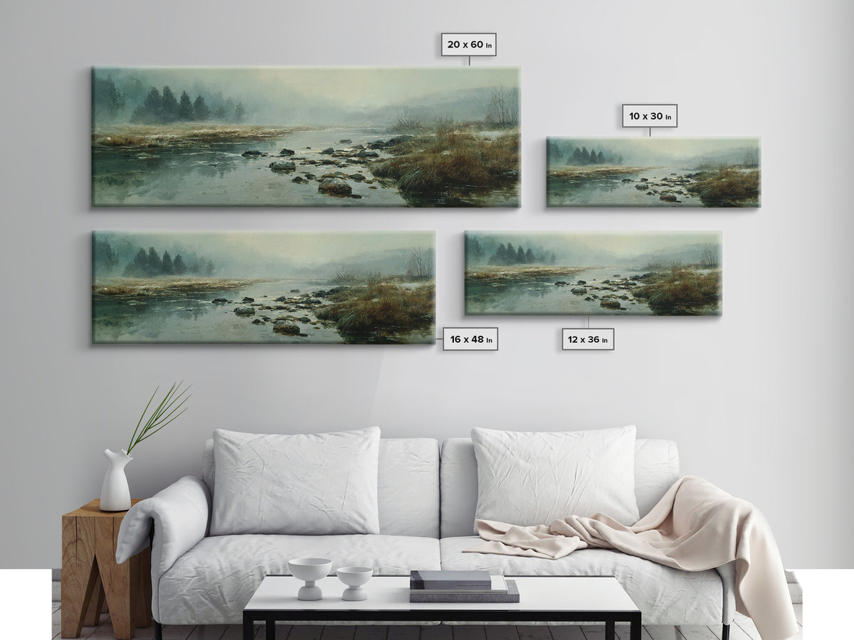 River Stones under Clear Shallow Water Framed Canvas Print, Nature Art, Stained Glass Art, Living Room Decor, Fine Art, Nature, NAT-3x1-53