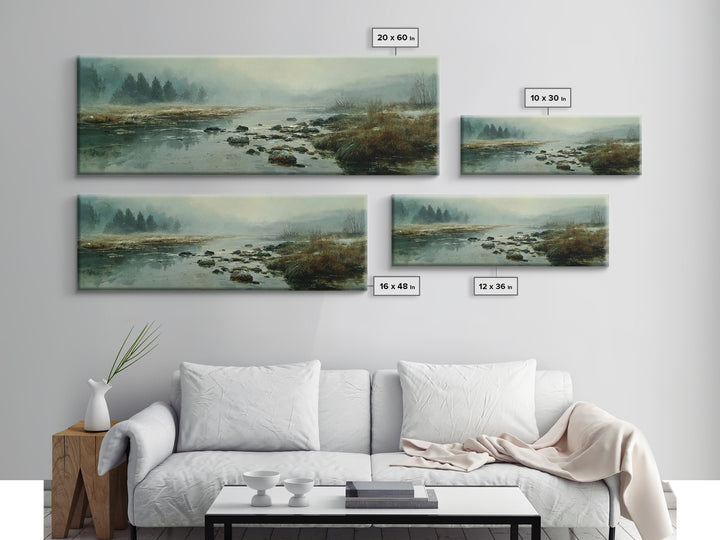 River Stones under Clear Shallow Water Framed Canvas Print, Nature Art, Stained Glass Art, Living Room Decor, Fine Art, Nature, NAT-3x1-53
