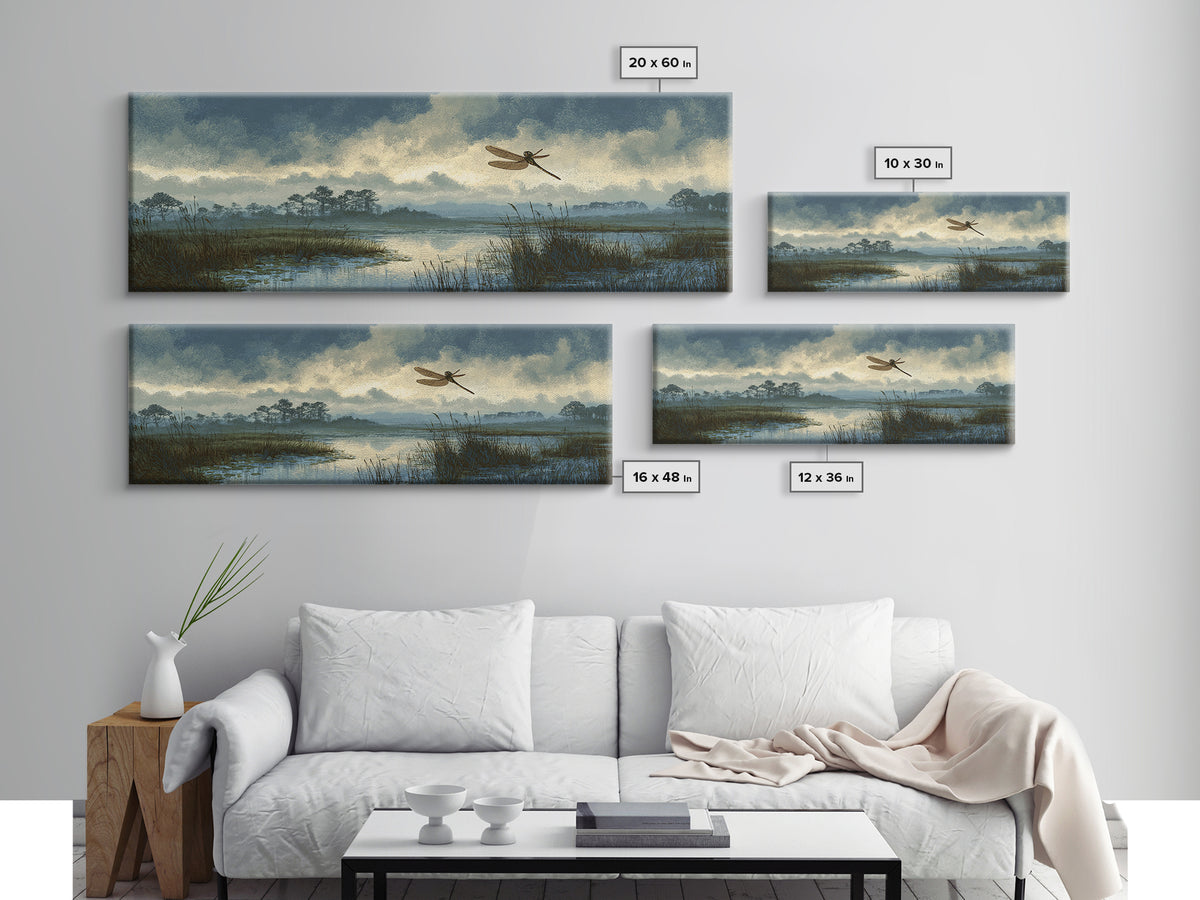 Dragonfly over a Pond with Reeds Framed Canvas Print, Nature Art, Wood Wall Art, Living Room Decor, Fine Art, Nature, NAT-3x1-58